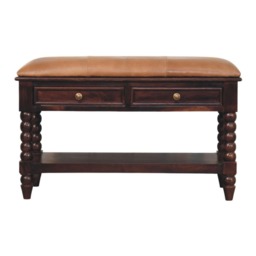 Artisan Furniture Solid Wood Spindle Winewood Leather Bench, 2 Drawers, Brown