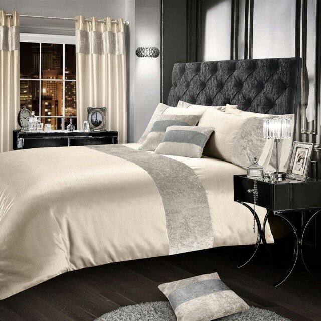 Intimates Crushed Velvet Panel Duvet Cover & Pillowcase Set Cream Cream Double