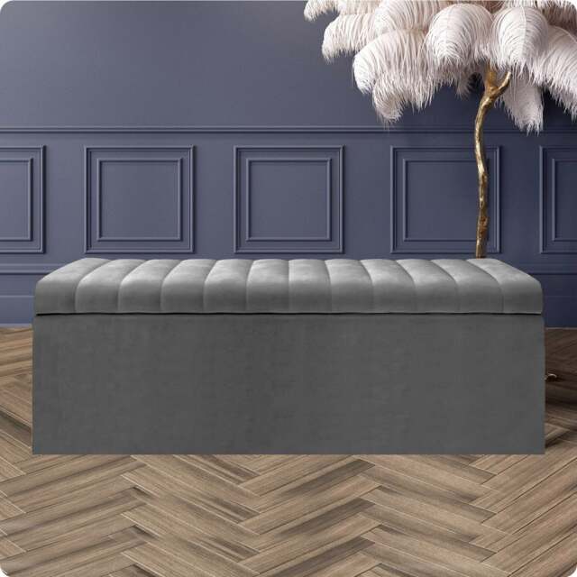 180cm Safar Large Striped Storage Ottoman Box, Grey Plush Velvet Upholstered Deep Storage Ottoman End of Bed Bench