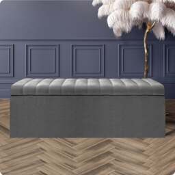 180cm Safar Large Striped Storage Ottoman Box, Grey Plush Velvet Upholstered Deep Storage Ottoman End of Bed Bench