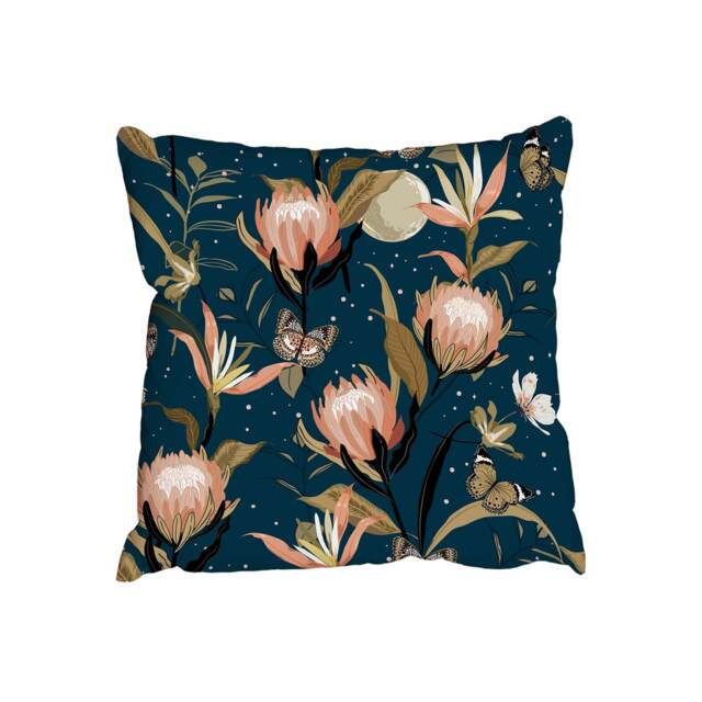Protea flowers and botanical garden night with moon shine and stars (Outdoor Cushion)