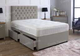 4ft6 Double Grey Plush Velvet Divan Bed With Headboard & Memory Sprung Mattress 2 Drawers One Each Side