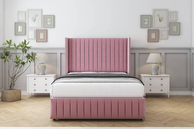 "Sloomy Marlborough Pink Plush Divan Bed With Mattress 2 Drawers Footend With 54"" Wingback Headboard & 12"" Matching Footboard 5' King Pink Pink King 1"