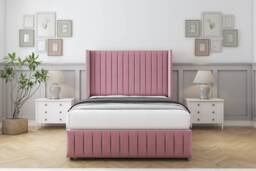 "Sloomy Marlborough Pink Plush Divan Bed With Mattress 2 Drawers Footend With 54"" Wingback Headboard & 12"" Matching Footboard 5' King Pink Pink King 1"