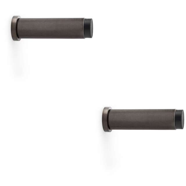 2 PACK - Rubber Tip Reeded Wall Mounted Doorstop - Dark Bronze 75mm Cylinder Lined Door