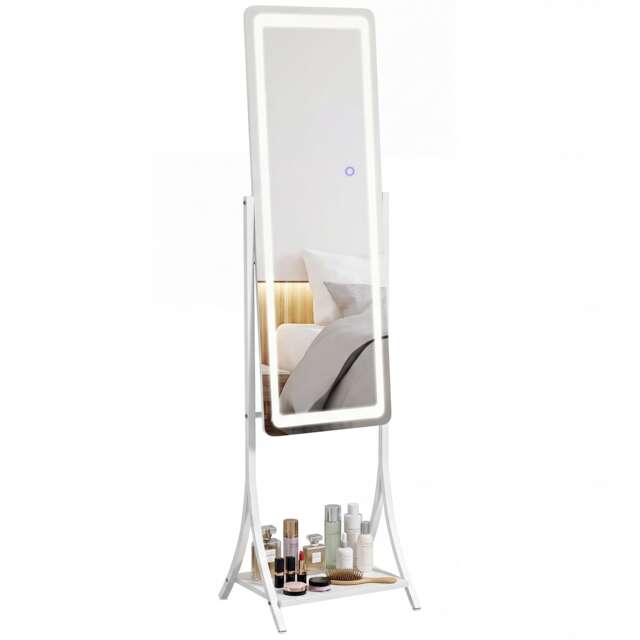 HOMCOM LED Lighted Full Length Mirror, Floor Standing Mirror with Storage Shelf