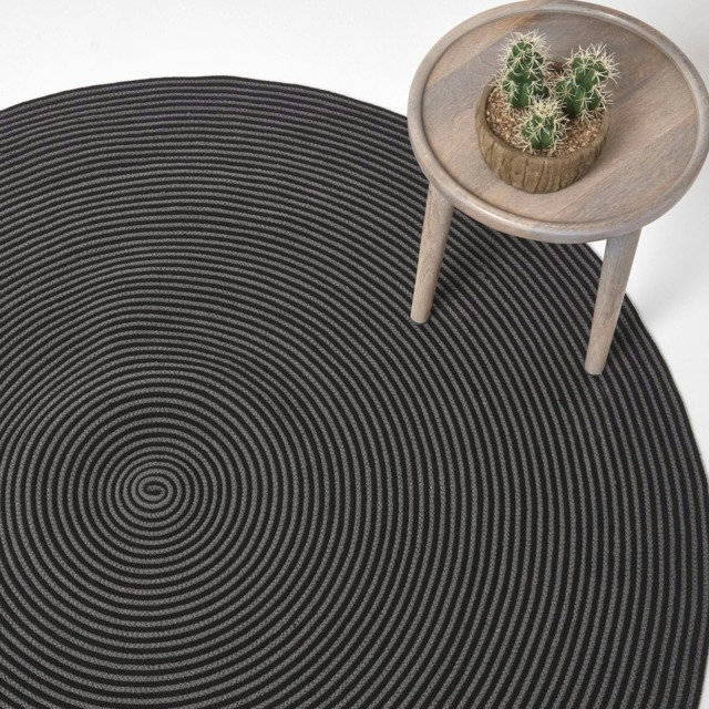 Homescapes Grey and Black Handmade Woven Spiral Braided Rug - 200 cm Round Grey Grey and black