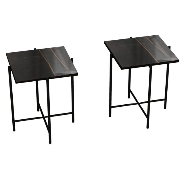 Set of 2 Pcs Marble Effect Tops Square Round Side End Coffee Table Metal Frame Black Black Square 1