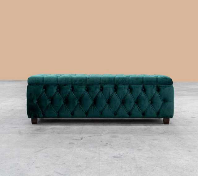 137cm Riga Ottoman Storage Box with Wooden Legs, Emerald Green Velvet Upholstered Chesterfield Storage Ottoman Box