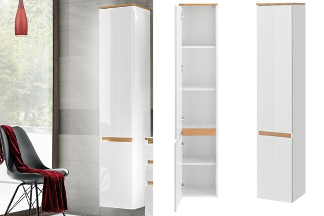 Tall Bathroom Cabinet Wall Hung Storage Unit Modern Scandi Shelving White Gloss Oak Finish Plat