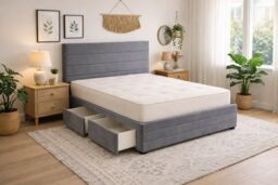 Divan Bed Set Headboard and Footboard with Mattress 4ft Small Double Grey Suede Storage No Drawers