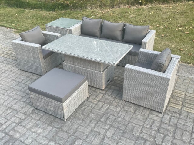 Fimous Rattan Garden Funiture Set Adjustable Rising Lifting Table Sofa Dining Set With 2 Arm Chair Side Table Big Footstool