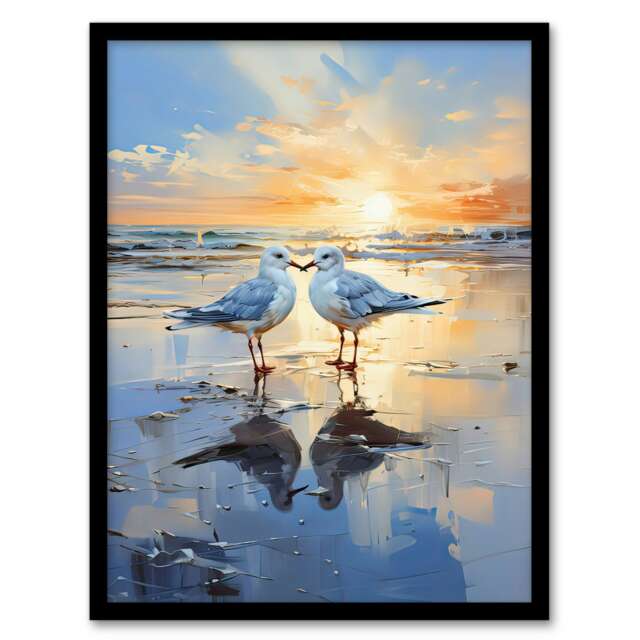 Seagull Bird Couple Beach Sunset Oil Coastal Black Framed Wall Art Print A4