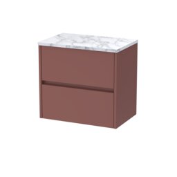 Balterley Chartley Contemporary Wall Hung 2 Drawer Vanity Unit with Carrera Marble Laminate Worktop, 600mm, Smoked Red