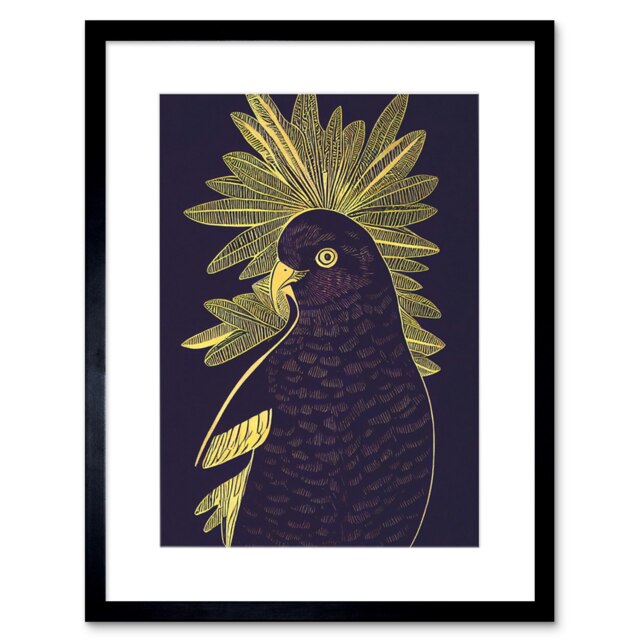 "Detailed Stylish Dark Deep Purple Yellow Gold Parrot 9x7"" Black Framed Wall Art Print"