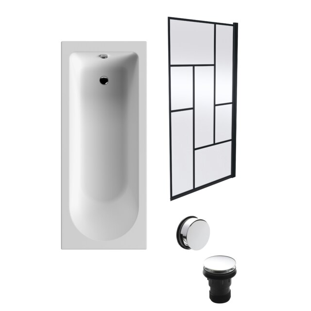 Round Single Ended Bath, Black Abstract Screen and Chrome Waste - 1700 x 700mm White