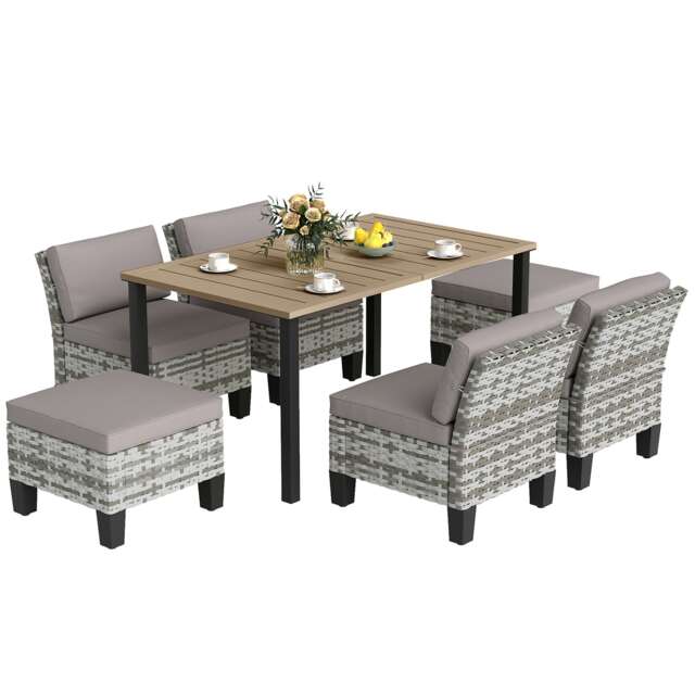 Outsunny 7 PCS Rattan Garden Dining Set with Cushions, Umbrella Hole, Grey Grey Grey 1
