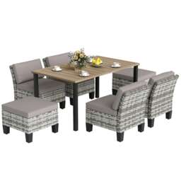Outsunny 7 PCS Rattan Garden Dining Set with Cushions, Umbrella Hole, Grey Grey Grey 1