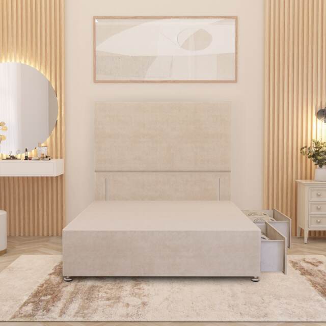 Divan Bed Base with 2 Drawers & Plain Floor Standing Headboard Plush Velvet Cream Ivory