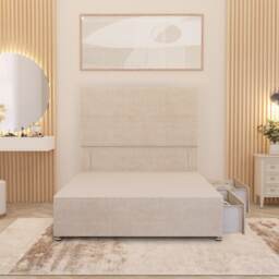 Divan Bed Base with 2 Drawers & Plain Floor Standing Headboard Plush Velvet Cream Ivory