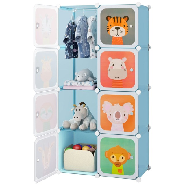 COSTWAY Portable Kids Wardrobe 8-Cube Baby Closet Dresser-Blue Blue