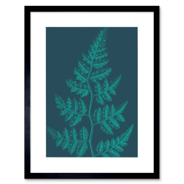 "Navy Blue Teal Fern Leaf Botanical Design Plant Lover 9x7"" Black Framed Wall Art Print"