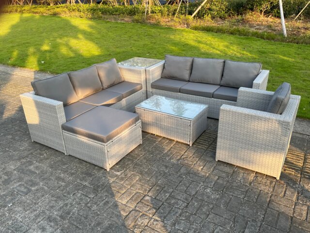 Fimous Light Grey PE Rattan Garden Furniture Set Corner Lounge Sofa Set Oblong Square Coffee Table Big Footstool Armchair