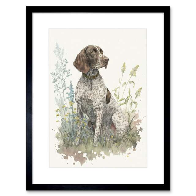 "German Pointer Dog Lover Wildflower Gift 9x7"" Black Framed Wall Art Print"