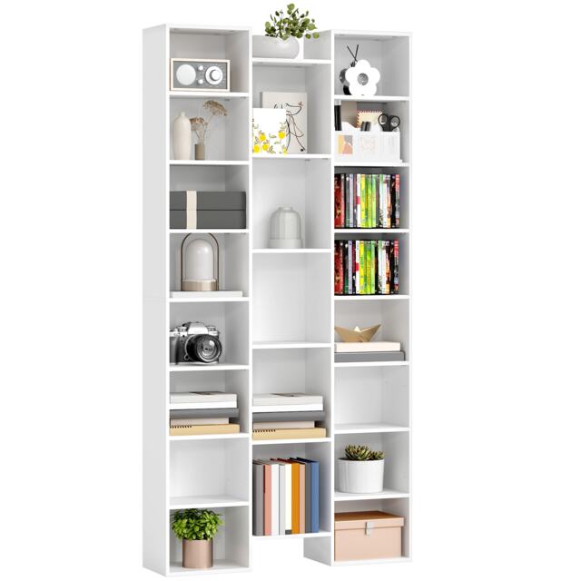 HOMCOM 21-Cube Tall Bookcase, Modern Cube Book shelf with 10 Adjustable Shelves, Freestanding Multi-Functional Storage Unit for Living Room, Home Office, Bedroom, 181 x 89.5W cm, White White White