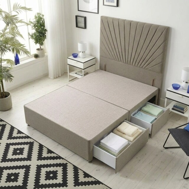 Sunburst Divan Bed with 2 Drawers & 54'' Floor Standing Headboard Tweed Fabric Brown Coffee