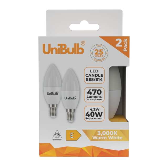 UniBulb LED Candle E14 Small Edison Screw (SES) 470lm 4.2W (Replaces 40W) 3000K (Warm White) Light Bulb - Pack of 2 White Warm White 2