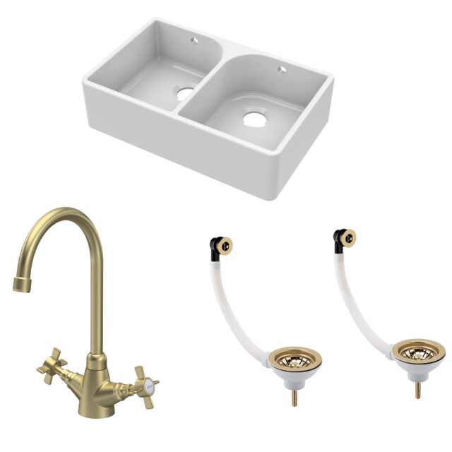 Balterley Fireclay Kitchen Bundle - 2 Bowl Full Weir Butler Sink with Wastes & Mono Crosshead Tap White White 3