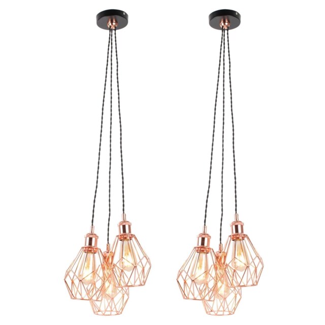 Set of 2 Matt Black & Copper Geometric 3 Light Cluster Pendants Black Copper 2