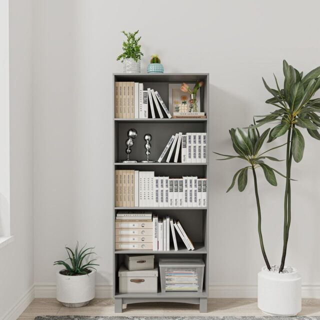 Wide Shelf Tier Wooden Bookcase Shelving Modern Open Display Storage Cabinet Multi Grey 5 Tier 1