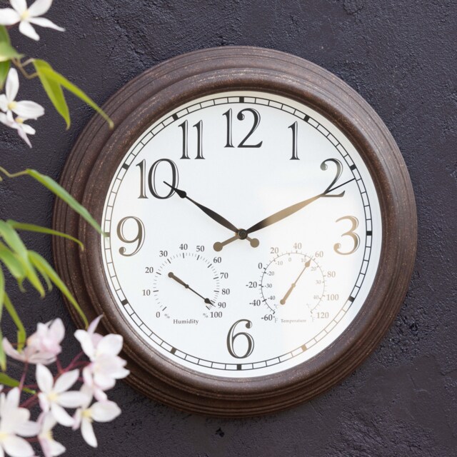 Outdoor Garden Wall Clock With Thermometer and Hygrometer Antique Brown 47cm