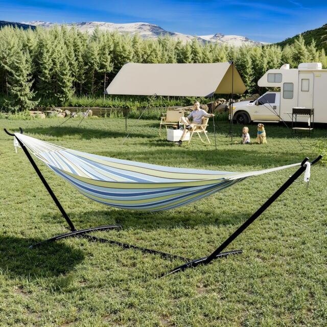 London Boutique Outdoor Garden Hammock with Stand, 2 Person, (W)320cm x (H)100cm x (D)109cm