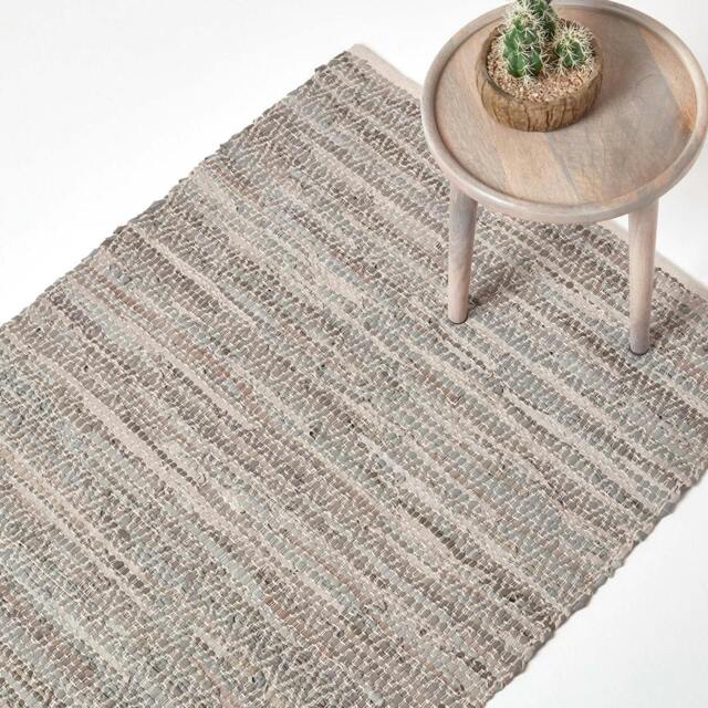 Homescapes Grey Real Leather Handwoven Diamond Pattern Rug - 150 x 240 cm Grey Grey
