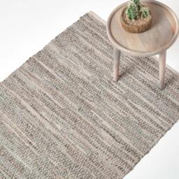Homescapes Grey Real Leather Handwoven Diamond Pattern Rug - 150 x 240 cm Grey Grey