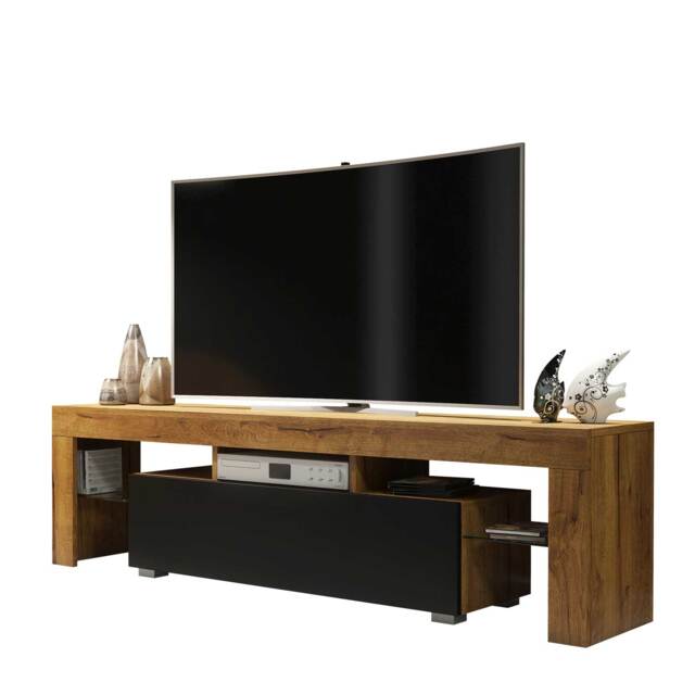 TV Unit TV Stand Oak Black Media Console Storage Cabinet Glass Shelves Sideboard 160cm