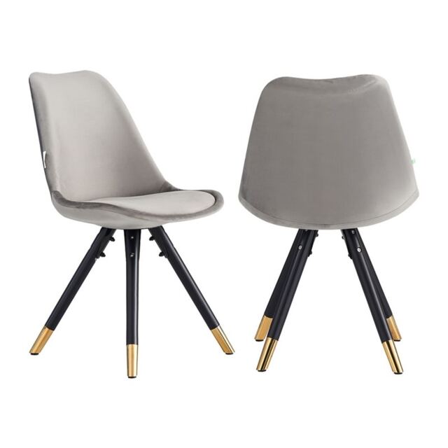 Set of 2 Sofia Ergonomic Modern Dining Chairs Upholstered in Velvet, Metal Legs with Gold End Tips Grey Light Grey