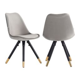 Set of 2 Sofia Ergonomic Modern Dining Chairs Upholstered in Velvet, Metal Legs with Gold End Tips Grey Light Grey