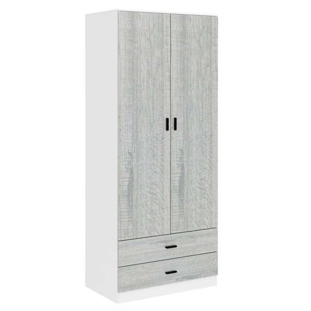 2-Door 2-Drawer Wardrobe with Storage Shelf, and Hanging Space - 180x75x46cm White White & Ash Grey 1