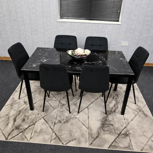 Black Marble Effect Dining Table with 6 Black velvet tuffted Chairs Kitchen Furniture