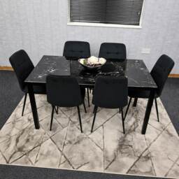 Black Marble Effect Dining Table with 6 Black velvet tuffted Chairs Kitchen Furniture