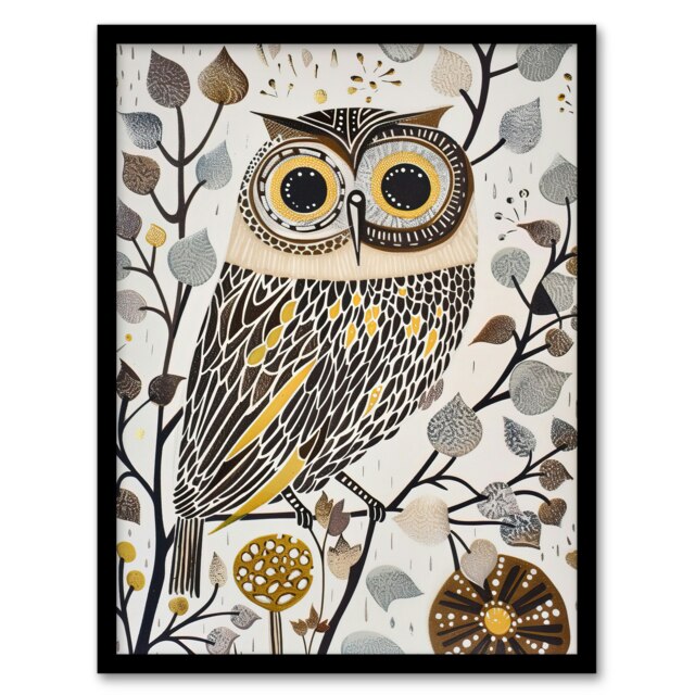 Rustic Quirky Owl Bird Autumn Tree Bright Fun Black Framed Wall Art Print A4
