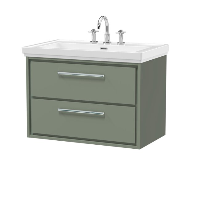 Balterley Modern Bathroom Wall Hung 2-Drawer Vanity Unit with Fireclay Basin Green Reed Green 606 x 830 x 471mm