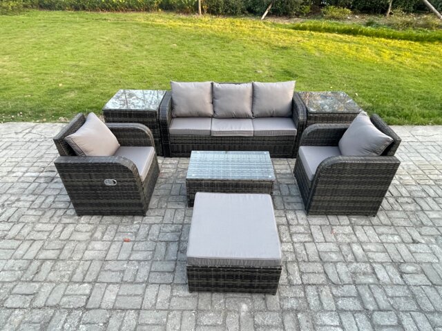 Fimous Outdoor Rattan Garden Furniture Set Patio Lounge Sofa Set with Reclining Chair Rectangular Coffee Table 2 Side Tables Big Footstools Dark Grey Mixed