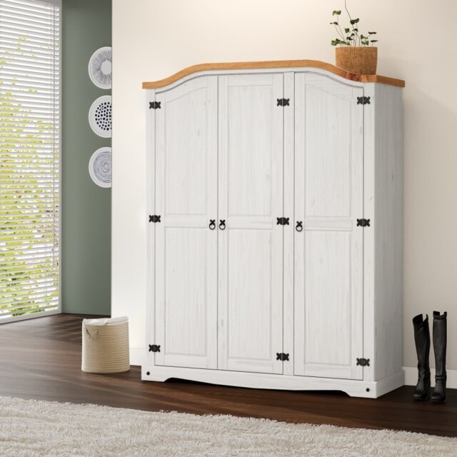 Mercers Furniture Corona White 3 Door Arch Top Wardrobe Triple Solid Wood Pine Wooden Bedroom with Mexican Styling Wooden