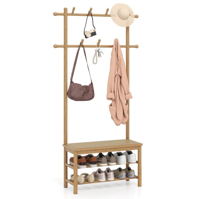 COSTWAY Bamboo Coat Rack PE Rattan Hall Tree with Bench Shoe Storage Natural