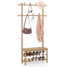 COSTWAY Bamboo Coat Rack PE Rattan Hall Tree with Bench Shoe Storage Natural